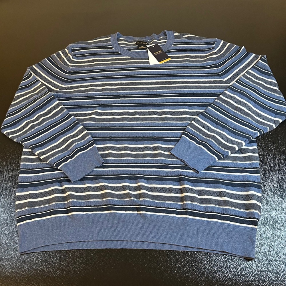 Haggar Striped Sweater Crew Neck Pullover Lightweight Chambray Blue Mens XXL NWT